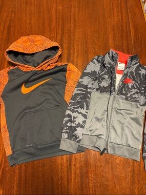 Nike Kids Gray & Orange Hooded Pullover with Gray Camo Zip Jacket Set
